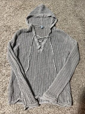 James Perse Light Gray Hooded Lace-Up Crochet Coverup